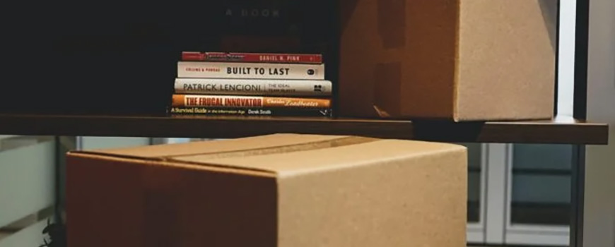 Cardboard moving boxes on a wooden shelf with potted plants and books in an office setting
