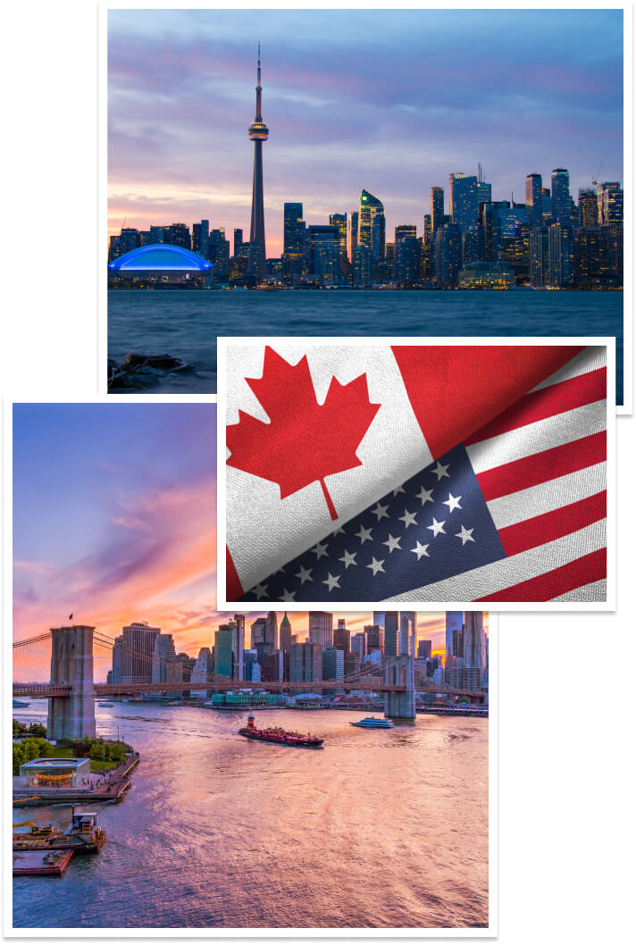 Collage of Beautiful Toronto skyline with Ontario lake in Canada, Canada and USA flag, and ship passing under the Passing Under the Brooklyn Bridge