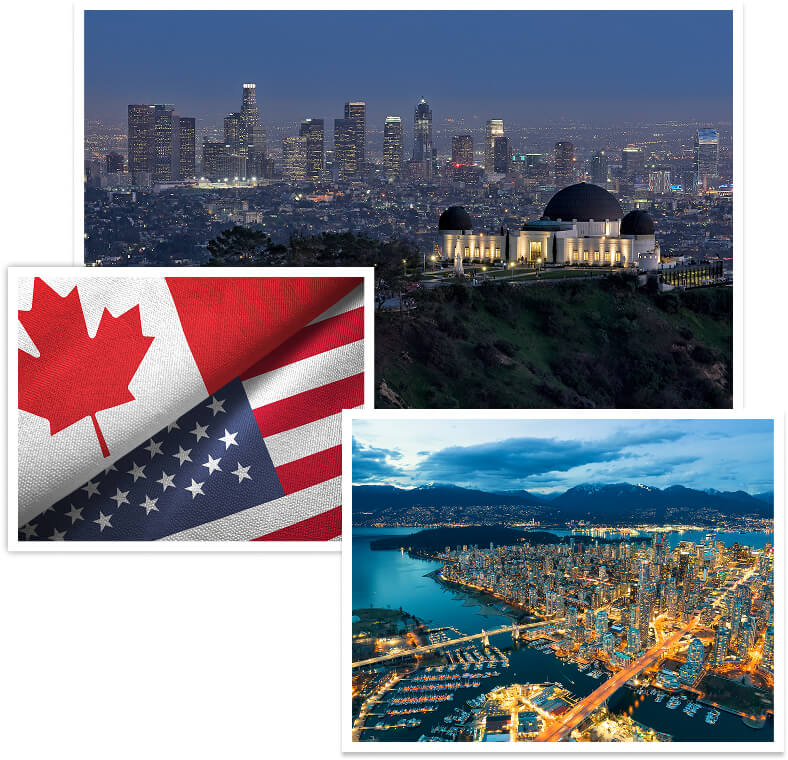 Collage of The Griffith Observatory in the foreground with the illuminated Los Angeles downtown skyline stretching across the background and Vancouver Cityscape Nightscape surrounded by sea and mountains with Canada and USA flags